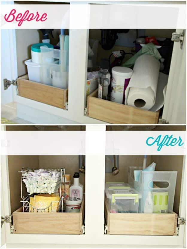 Under The Bathroom Sink Organizer, a clever storage solution, flexible enough to fit whatever materials are on hand