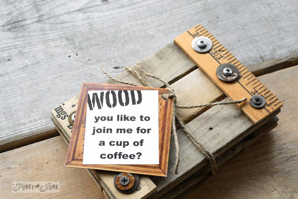 A stack of small coasters made from reclaimed wood strips and yardstick pieces, tied with jute and a coffee invitation tag