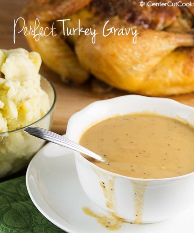 Perfect turkey gravy whisked smooth in a saucepan, made from hot pan drippings, butter, flour and stock