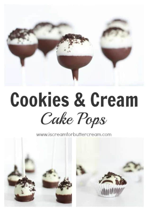 Cookies and cream cake pops dipped in dark and white chocolate and topped with crushed Oreo crumbs over the top of each one