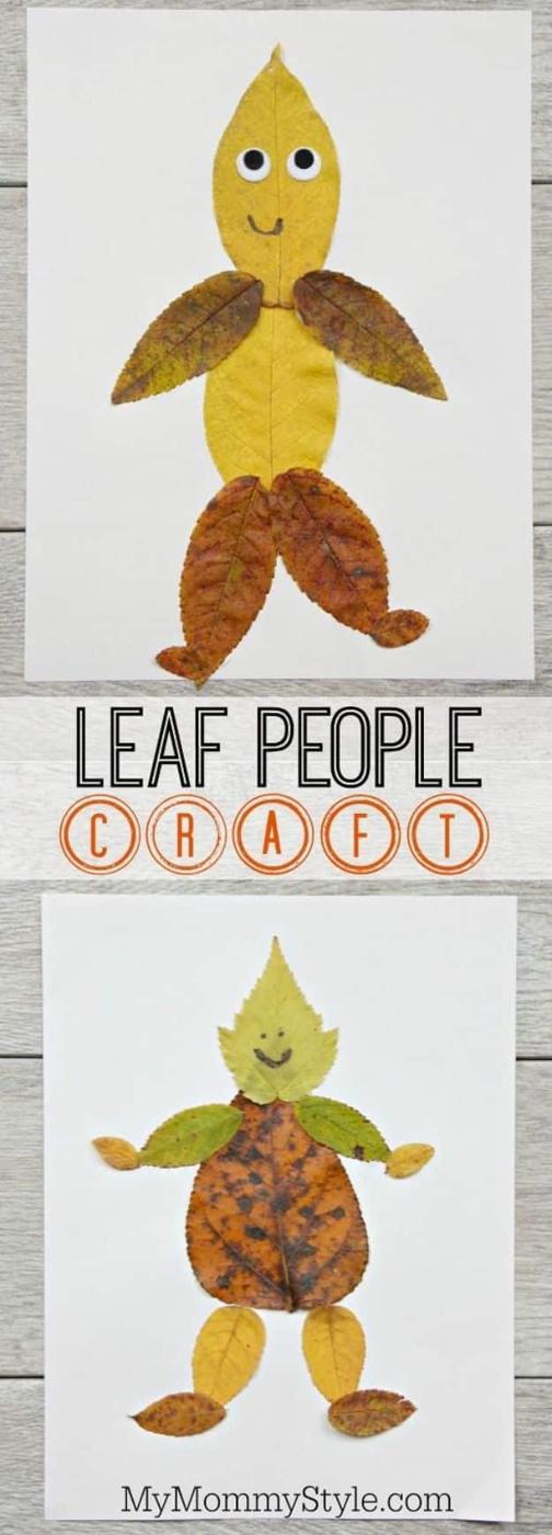 Pin graphic reading Leaf People Craft, two figures made from yellow and brown autumn leaves glued onto white paper