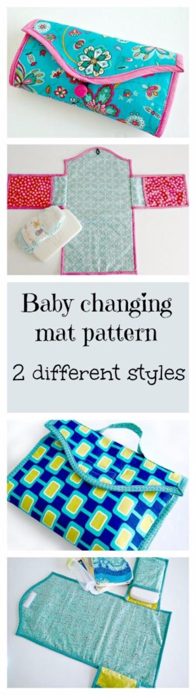 Turquoise floral changing mat folded shut with a button, plus two more open and folded in other prints