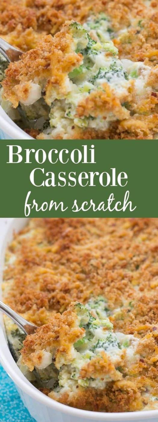 Broccoli casserole made from scratch with a cheddar and breadcrumb topping, browned in a white baking dish