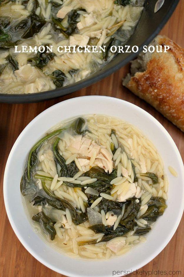Lemon chicken orzo soup with wilted spinach, orzo and shredded chicken in a bright lemony broth for a fast family dinner