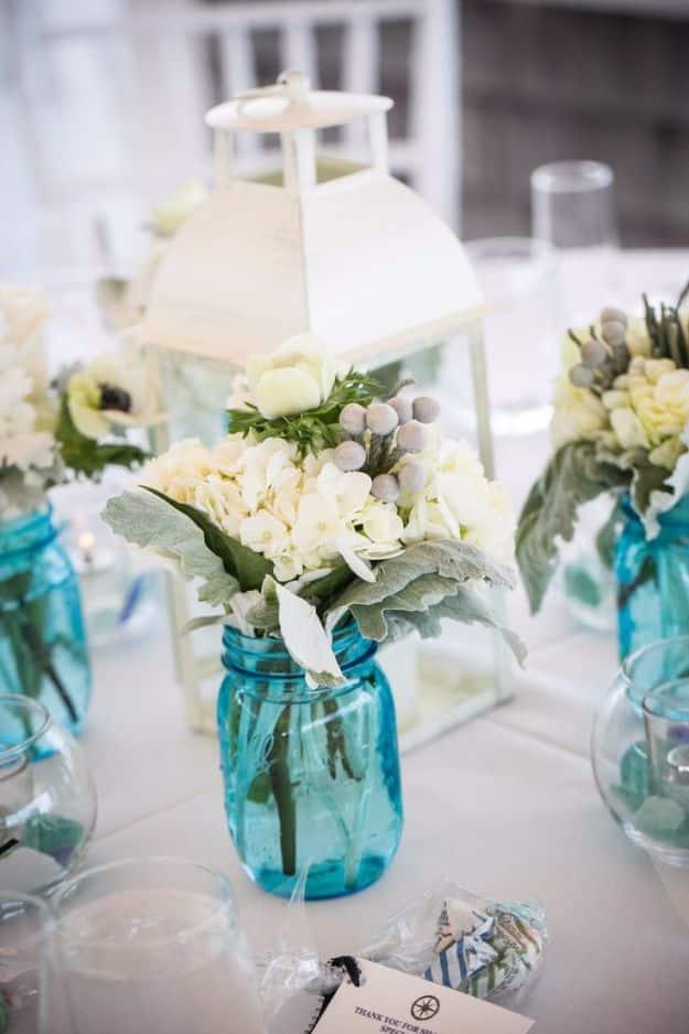 Rustic Blue Mason Jar Wedding Centerpiece, a budget friendly alternative to store bought wedding decor