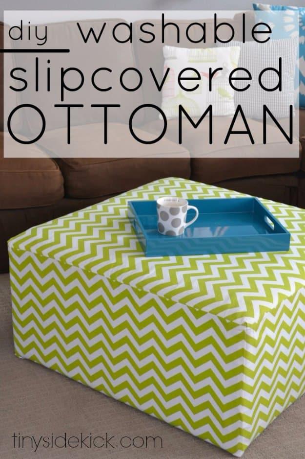 DIY slip covered ottoman, a green chevron fabric slipcover on a square ottoman holding a teal tray and mug