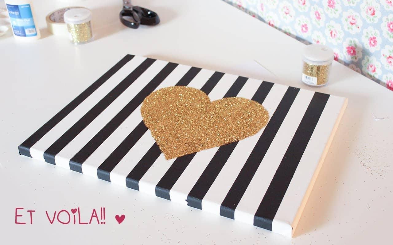 DIY Wall Art Ideas for the Bedroom - Chic Striped Canvas With a Sparkling Glitter Heart Is A Great Statement For The Wall! - Rustic Decorating Projects For Bedroom, Brilliant Wall