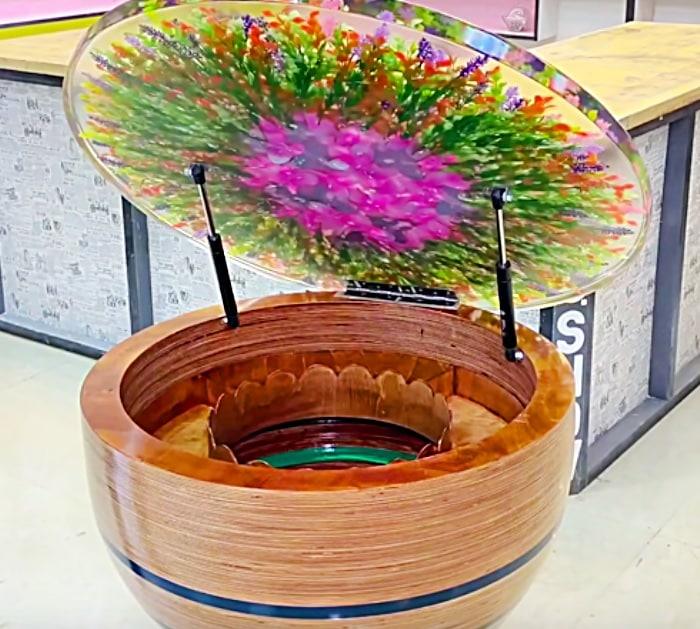 Coolest project ever an epoxy resin flower table that has a pop up top and turns into a bar
