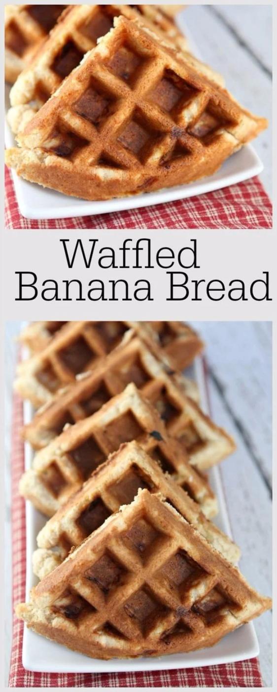 Waffled banana bread, banana bread batter pressed into a waffle iron with crisp edges, butter on top