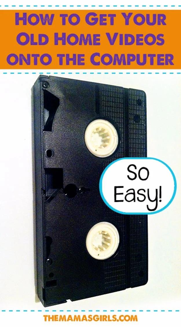 Black VHS videotape on a white background under the headline how to get your old home videos onto the computer