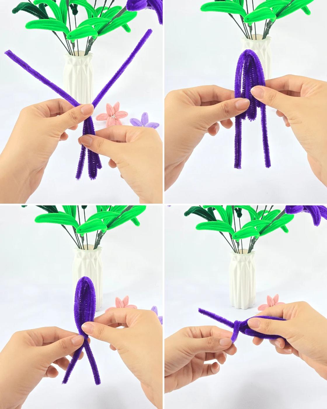 Easy pipe cleaner lilies in white and pink, with curled back petals and yellow stamens in the center