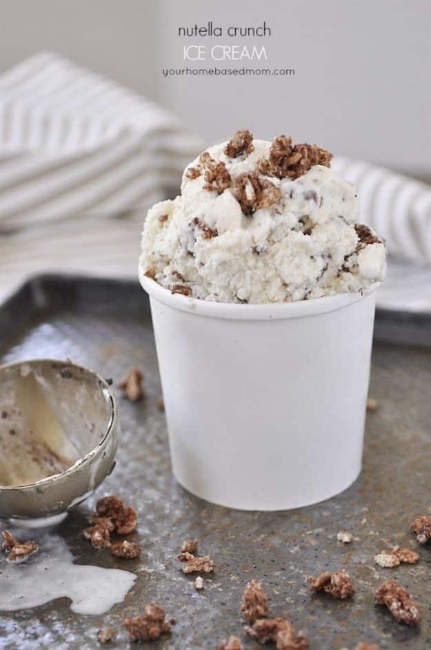 Nutella ice cream layered with chocolate hazelnut ribbons and crunchy cereal clusters in a container