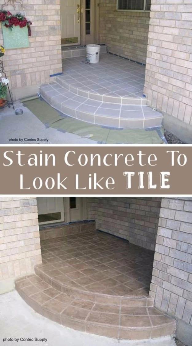 DIY curb appeal concrete porch floor shown before and after staining, plain gray concrete stoop finished to look like tile