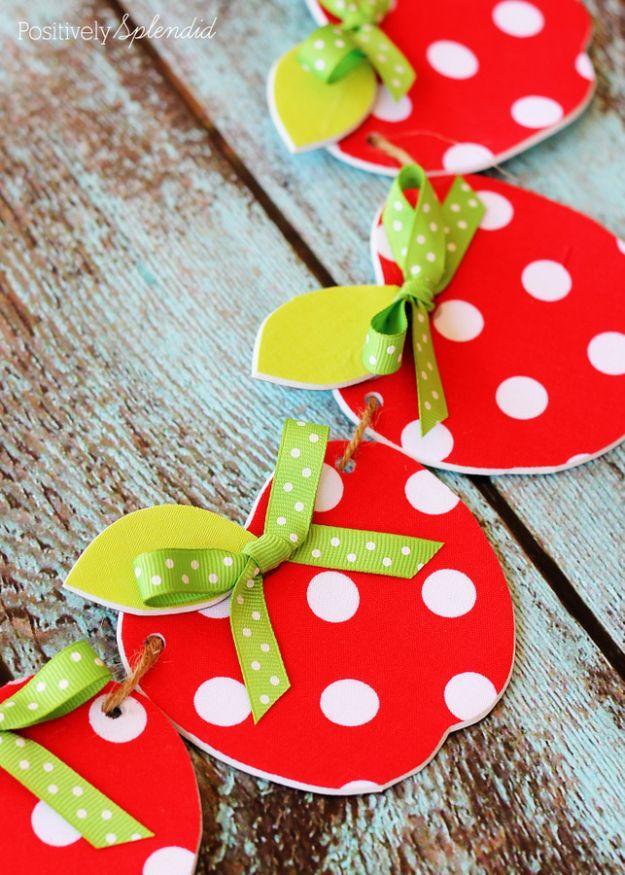 DIY apple craft, homemade harvest project and apple-season decorating idea, showing easy no sew fabric apple garland