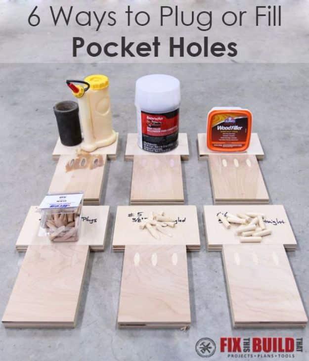 Six Ways to Plug or Fill Pocket Holes graphic showing labeled plywood samples with wood filler, Bondo and wooden plugs