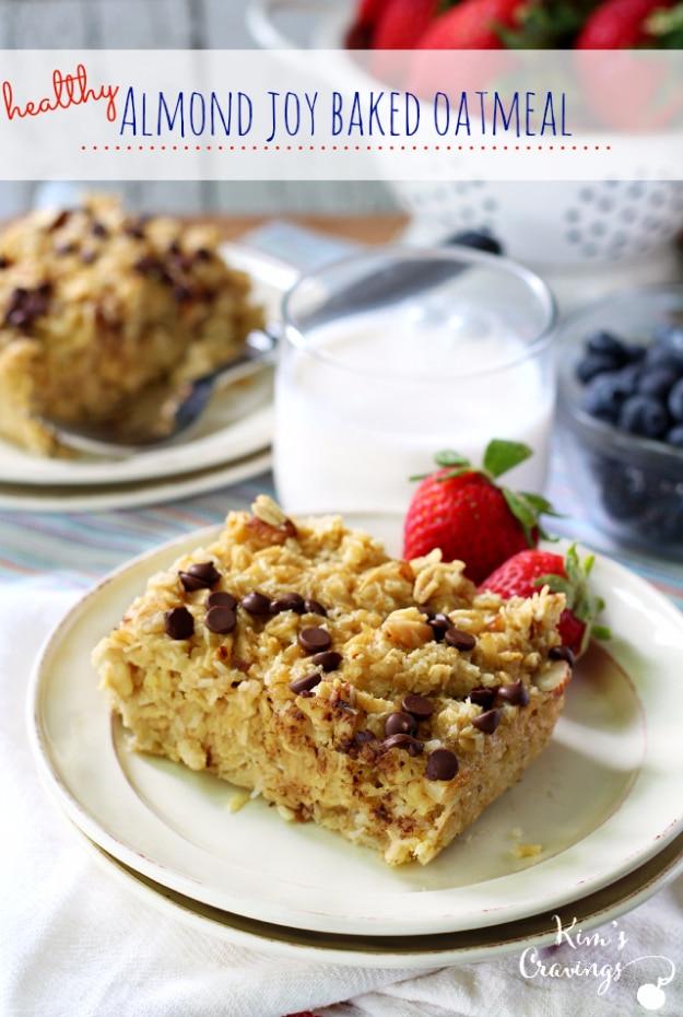 Typeset pin graphic of a square of baked oatmeal with chocolate chips on a white plate with a strawberry and milk
