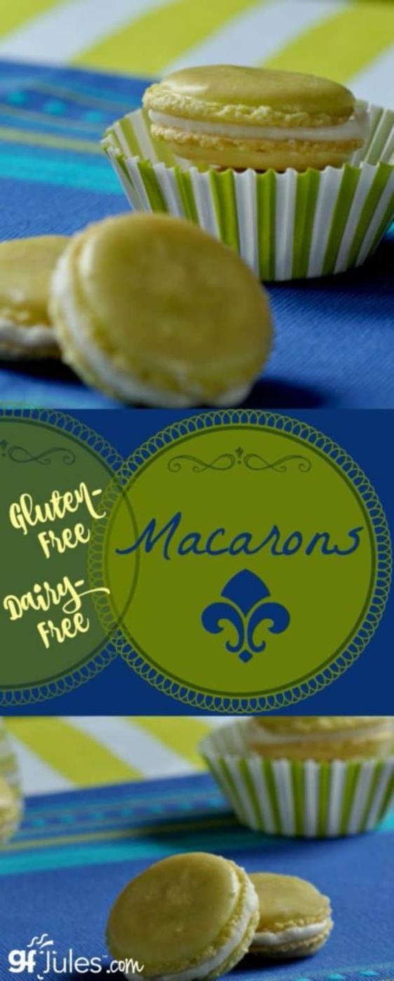 Gluten free French macarons in pastel colors with buttercream filling, stacked on a small white plate