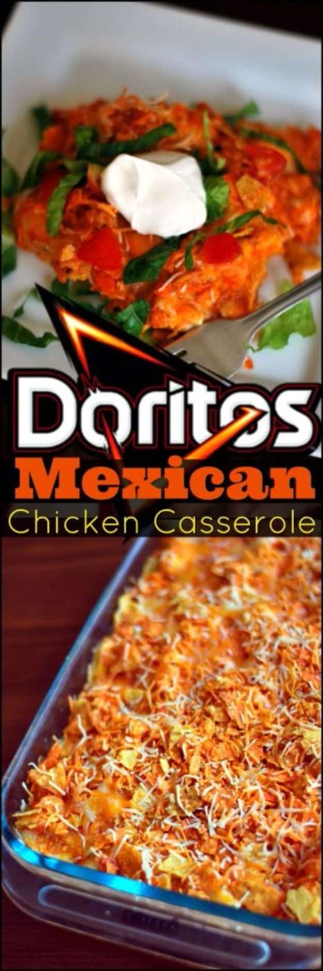Chicken and Doritos casserole baked under crushed nacho chips and shredded cheese, beside a plated serving