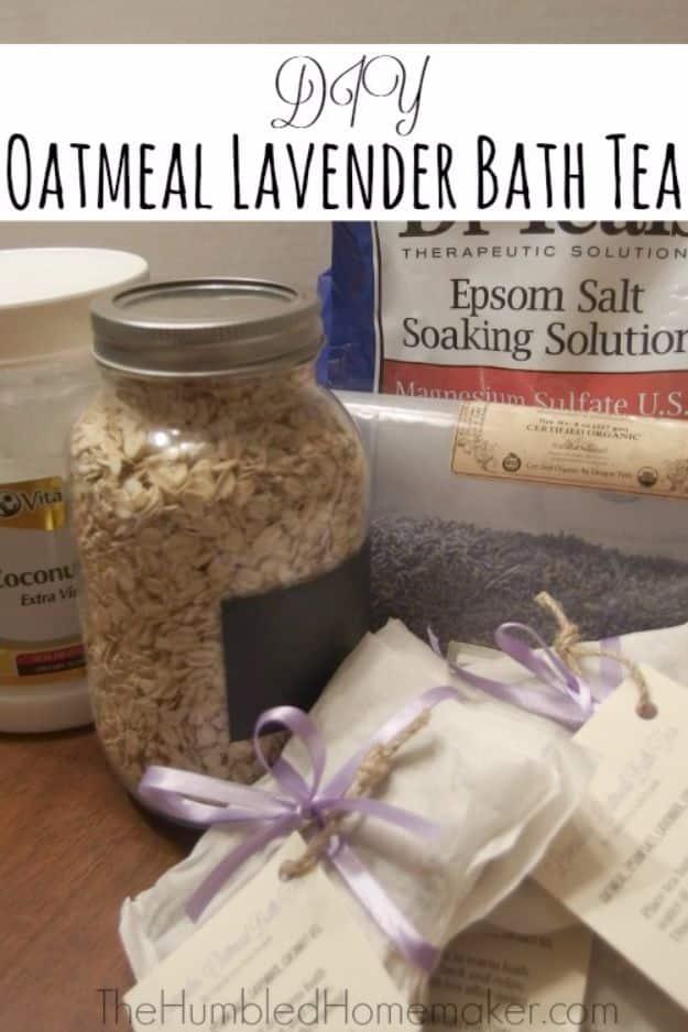 Jar of rolled oats and a box of Epsom salt beside two muslin bath tea sachets tied with lavender ribbon