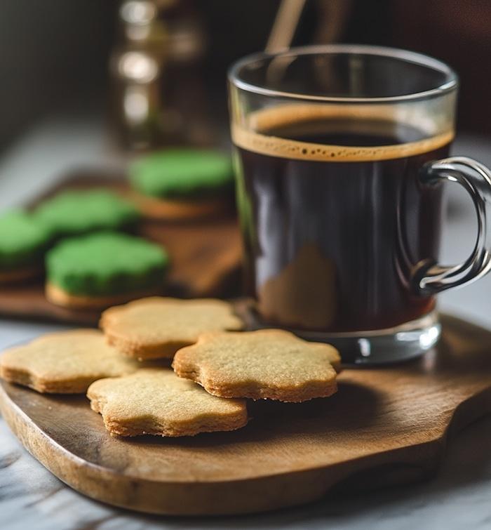 Glass mug of black coffee on a wooden board beside flower shaped shortbread cookies and green iced ones
