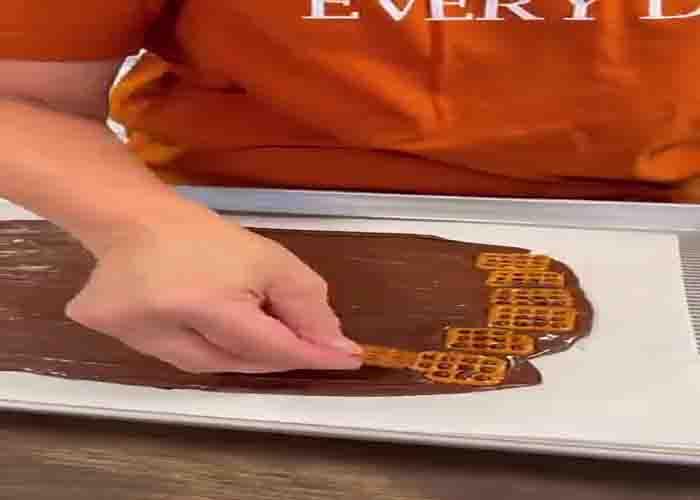 Assembling the salted caramel pretzel bark