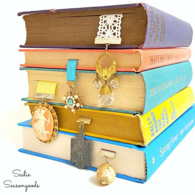 Vintage Brooch Bookmarks, light on tools, just what is already in the drawer and an accent that pulls a whole room together