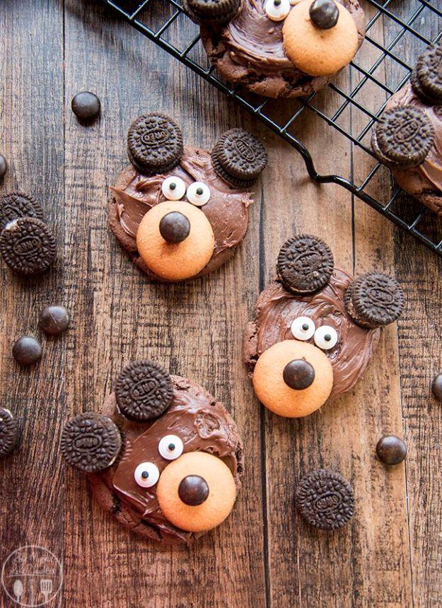 Bear cookies decorated with mini Oreo ears, a Nilla wafer snout, candy eyes and a brown M&M for the nose