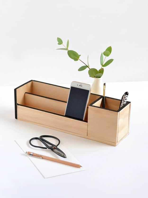 DIY Office Furniture - Wood Desk Organizer - Do It Yourself Home Office Furniture Ideas - Desk Projects, Thrift Store Makeovers, Chairs, Office File Cabinets and Organization - She