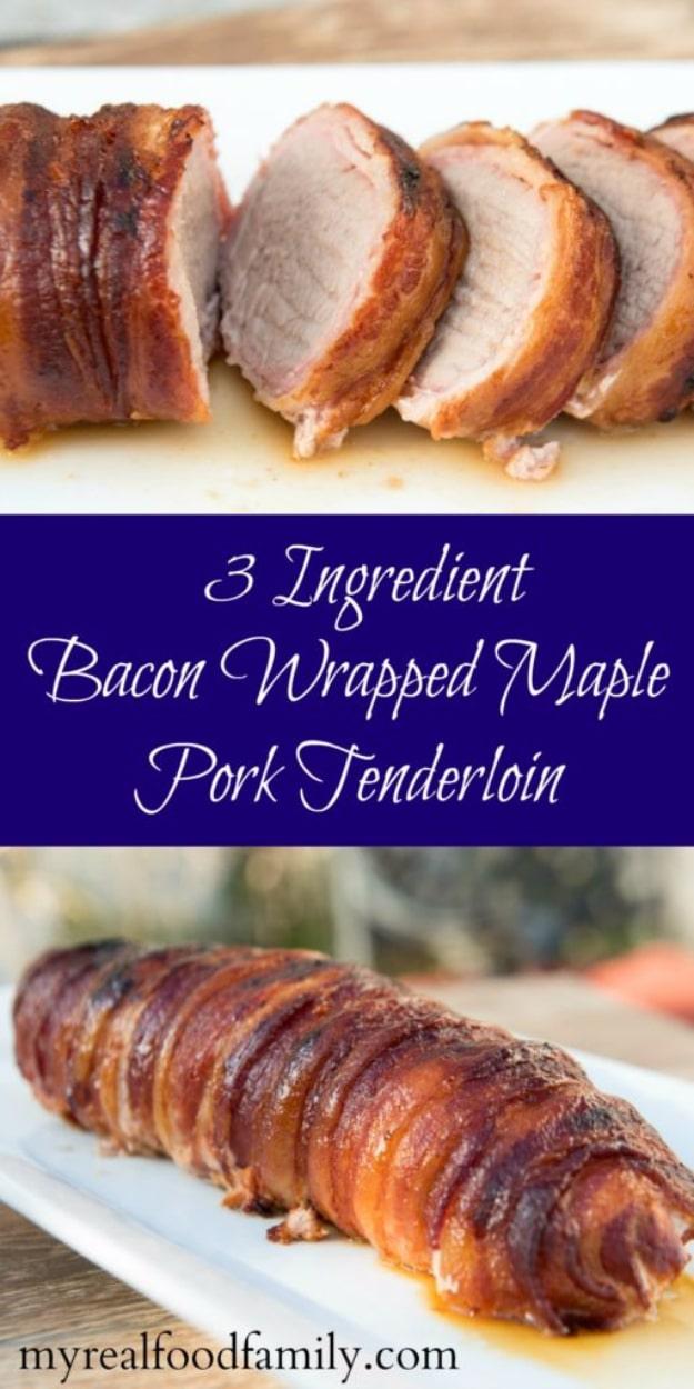 Sliced bacon wrapped maple pork tenderloin on a white platter, an easy 3 ingredient dinner party recipe