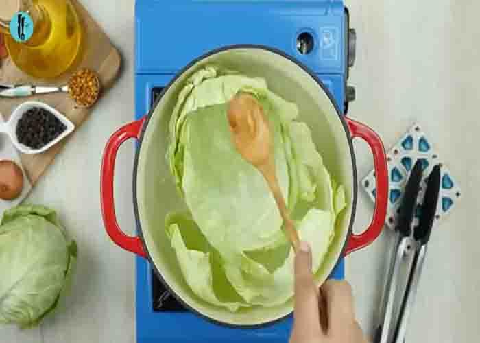 Blanching the cabbage leaves for the cabbage rolls recipe