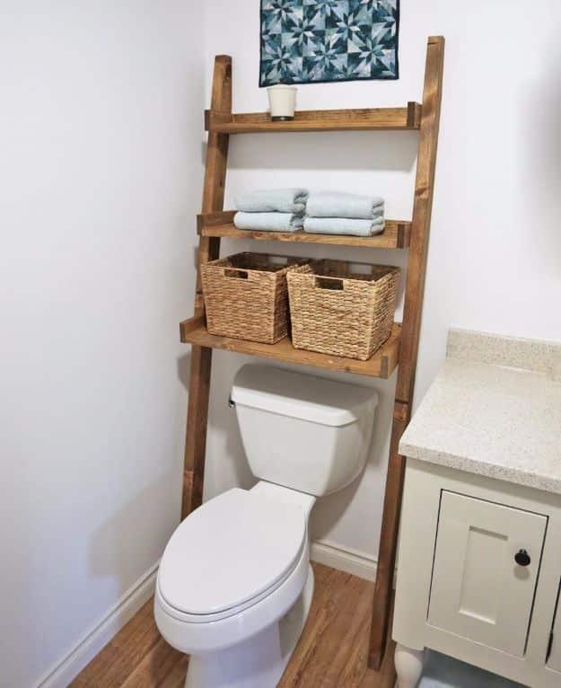 Leaning Bathroom Ladder, an easy weekend project using basic supplies and a budget friendly fix for a cluttered counter