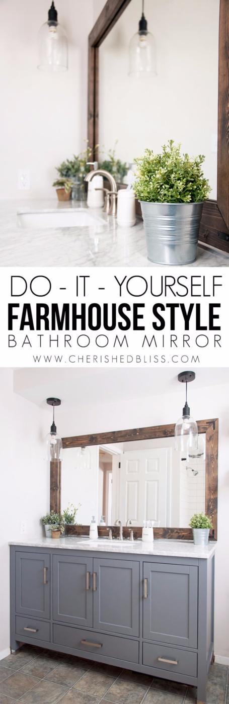 Farmhouse Bathroom Mirror Tutorial, friendly for a beginner working with basic tools and a result sturdy enough for daily use