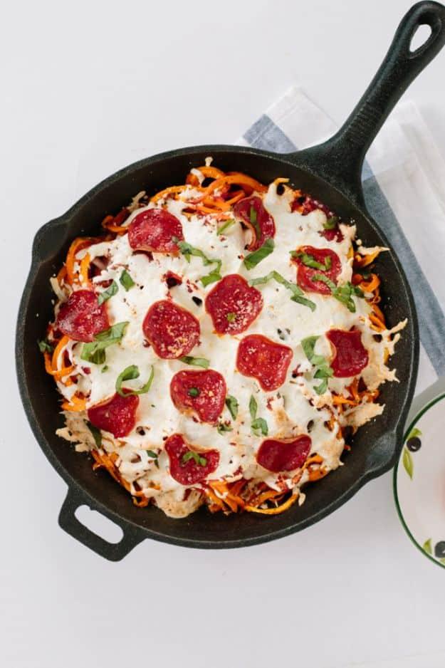 Veggie Noodle Recipes - Spiralized Sweet Potato Pizza bake With Turkey Pepperoni - How to Cook With Veggie Noodles - Healthy Pasta Recipe Ideas - How to Make Veggie Noodles With Ca