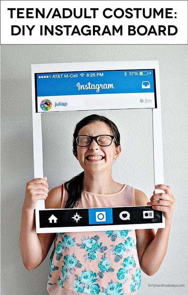 Teen holding a white Instagram board costume with her face framed as the photo and app icons along the bottom