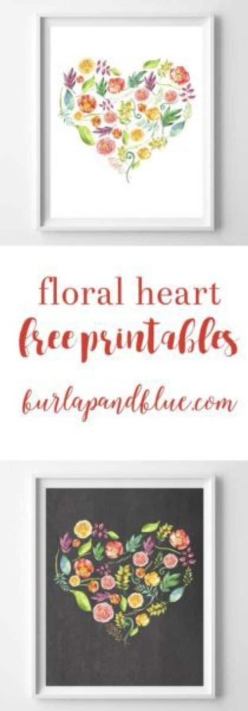 Floral heart printable art in both white and chalkboard versions, framed and propped for a wall display