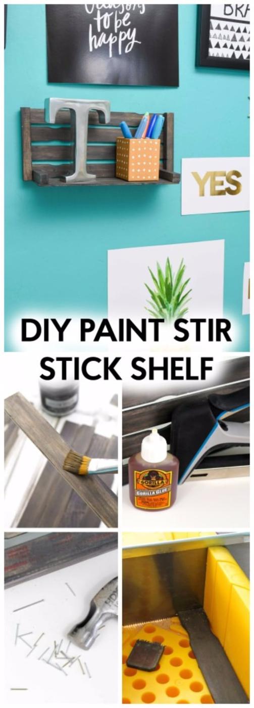 DIY Paint Stir Stick Shelf, simple to scale up or down as needed and a favorite that gets compliments every time