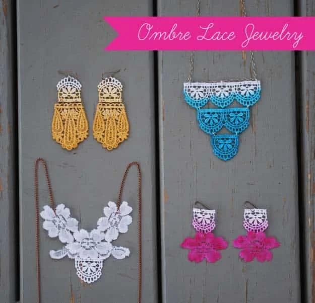 Ombre lace jewelry, four dip dyed lace necklaces and earring pairs in yellow, turquoise, white and pink