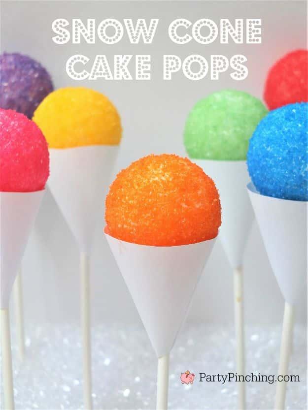 Snow cone cake pops served in small paper cones with brightly colored candy coating for a summer party