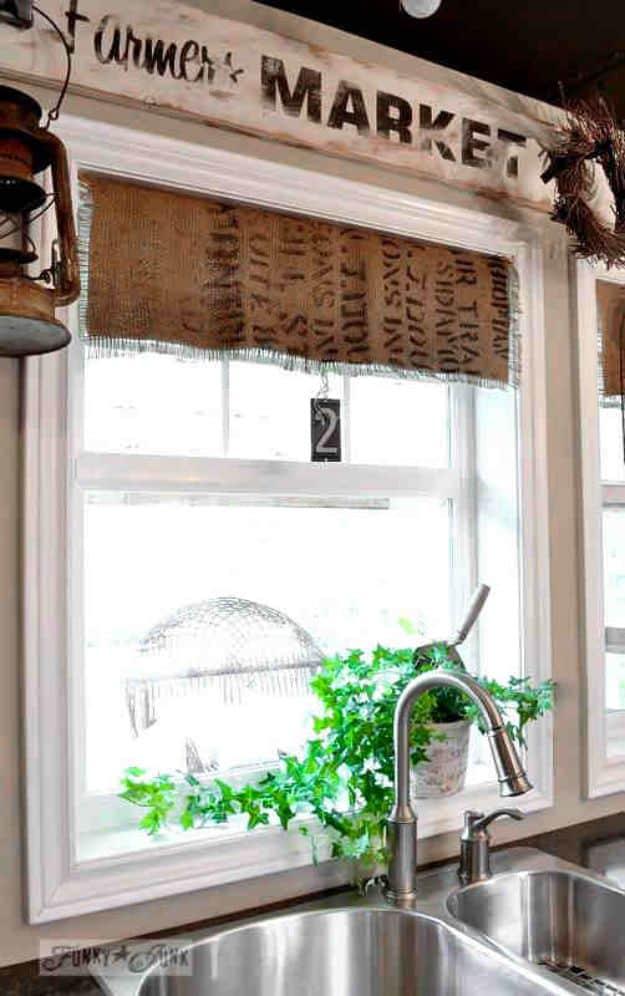 Burlap Coffee Bean Sack Window Shades, a favorite burlap decor idea worth copying and a popular choice on this list