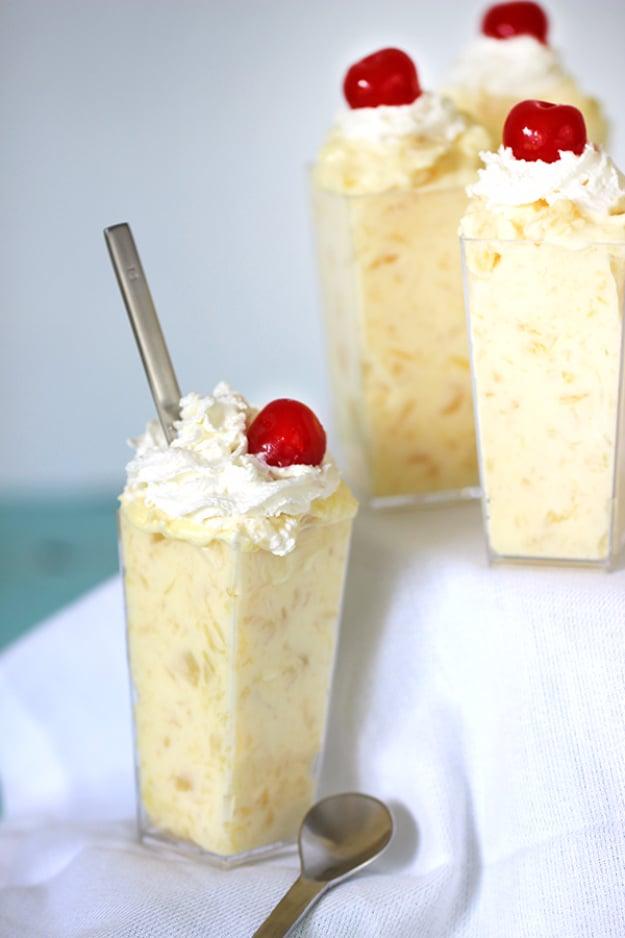 Easy pineapple dessert in a serving dish, a creamy three ingredient no bake dessert idea served chilled