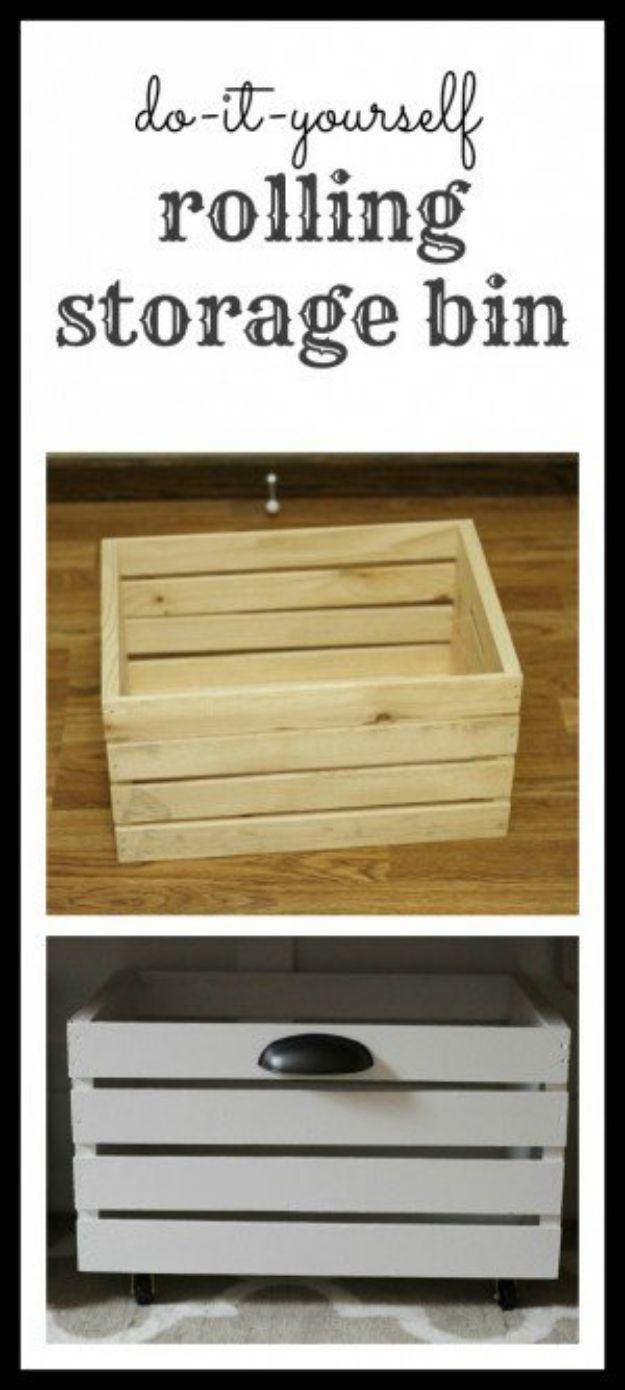 Wooden slatted crate painted white on small black casters with a dark pull handle, beside a raw unpainted crate