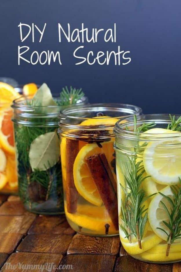 Row of pint mason jars filled with lemon slices, rosemary, bay leaves and cinnamon sticks on a dark wood counter