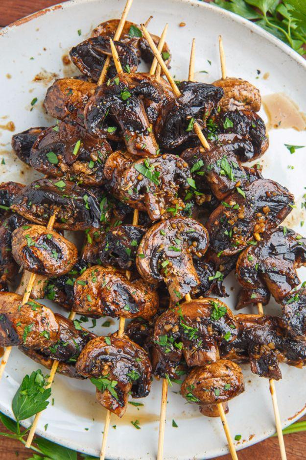 Best Barbecue Recipes - Balsamic Garlic Grilled Mushroom Skewers - Easy BBQ Recipe Ideas for Lunch, Dinner and Quick Party Appetizers - Grilled and Smoked Foods, Chicken, Beef and