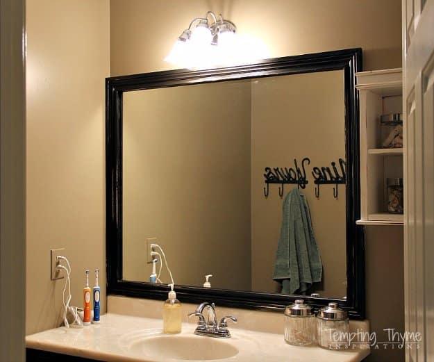 Frame a Builder Grade Bathroom Mirror, a weekend renovation hack, small scale enough to test on one corner first