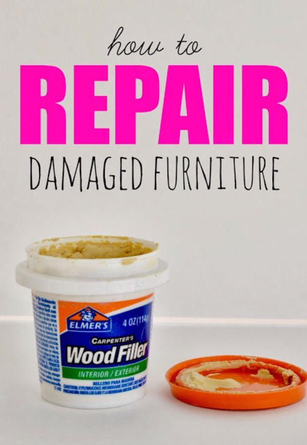 Repair damaged furniture, an open four ounce tub of carpenter's wood filler with its orange lid on a white surface