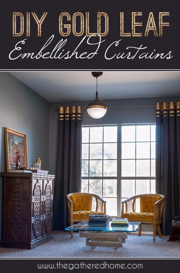 Typeset pin graphic reading DIY Gold Leaf Embellished Curtains over a photo of dark grey drapery panels with gold banded tops
