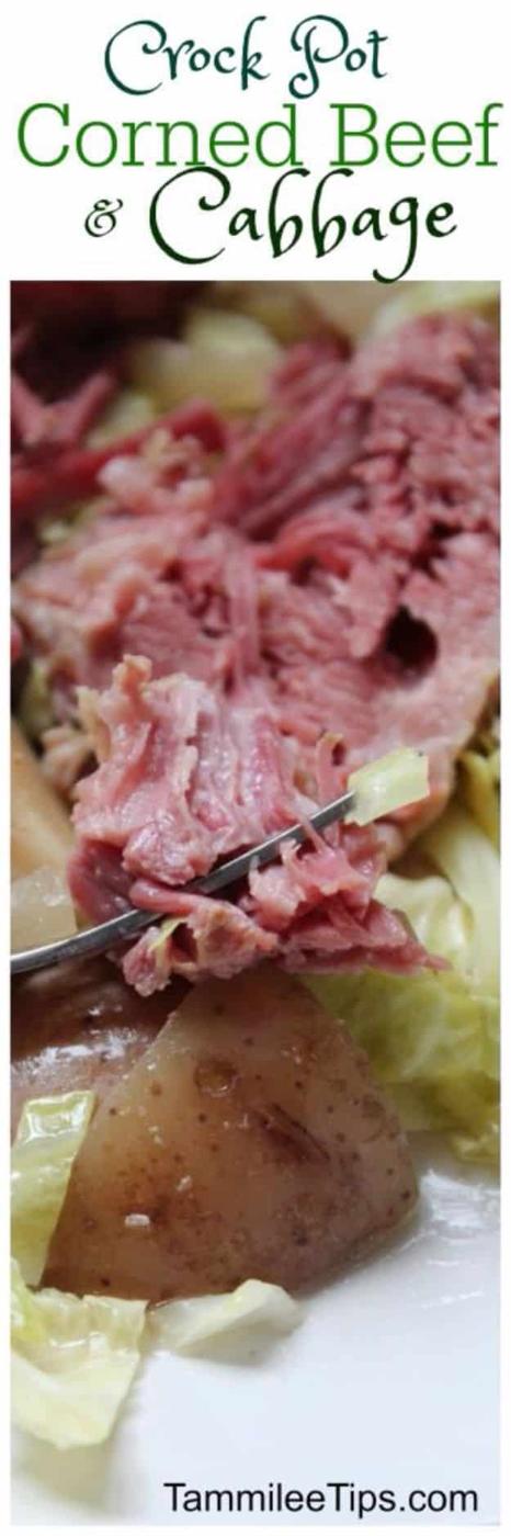 Graphic titled Crock Pot Corned Beef and Cabbage showing sliced corned beef and cabbage lifted on a fork