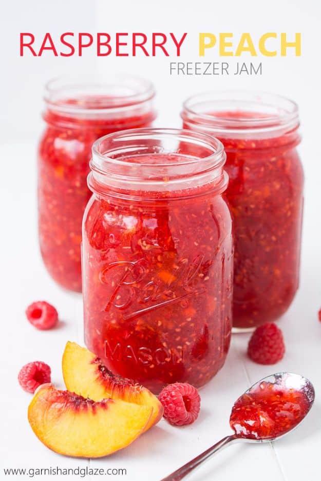 Raspberry peach freezer jam in plastic containers and mason jars, bright pink, made without any canning