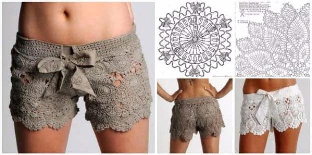 Crochet lace shorts, gray crochet shorts shown front and back beside a white pair and two crochet chart diagrams