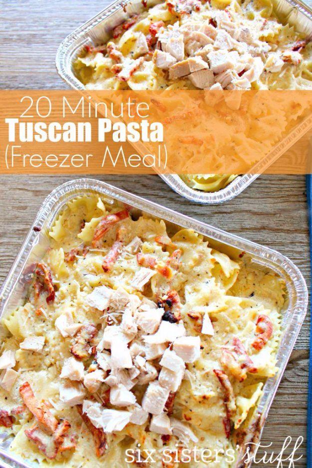 Easy crockpot 20 minute Tuscan pasta freezer meal with a creamy tomato sauce served in a white bowl, healthy and easy